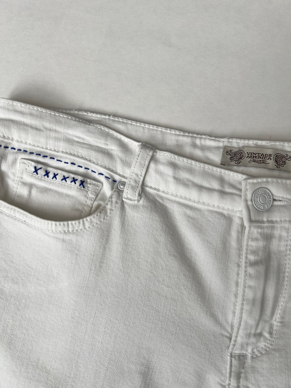 White Denim with purple swirl floral