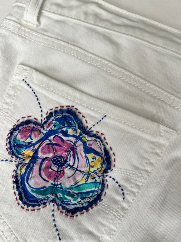 White Denim with purple swirl floral