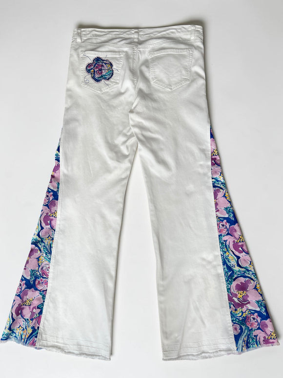 White Denim with purple swirl floral