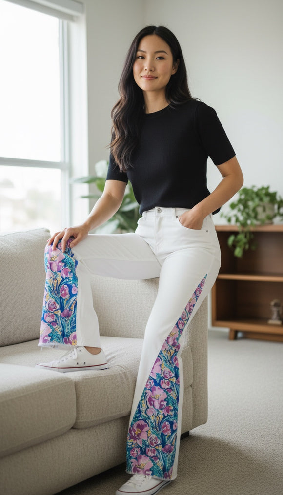 White Denim with purple swirl floral