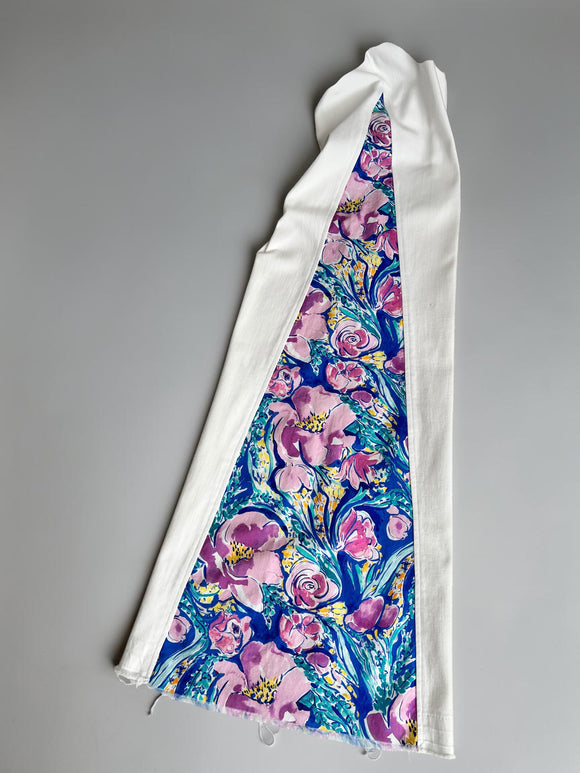 White Denim with purple swirl floral