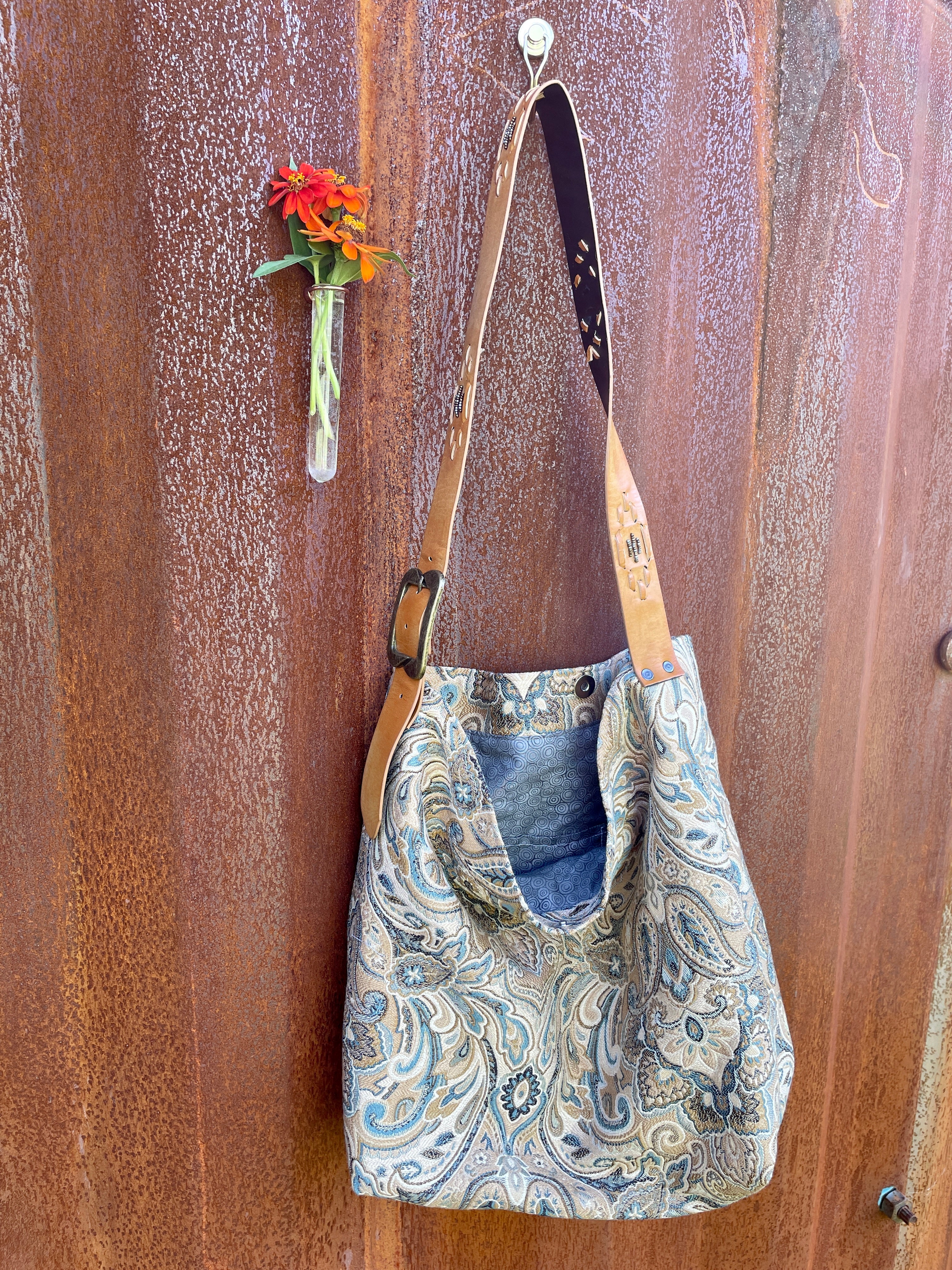 Purse - Grey/Blue Paisley with Beaded Strap